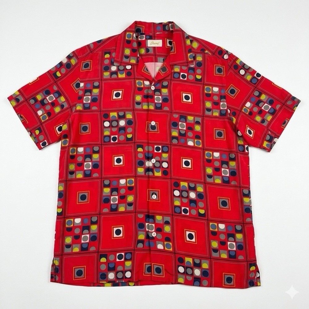 VTG Brioni Rayon Shirt Mens S Red Geometric Abstract Camp Resort Oversize